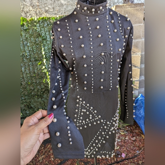 Black Mini Dress Long Sleeves with Pearls Medium - Picture 7 of 12